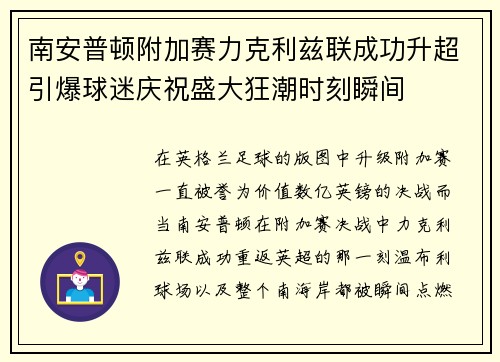 南安普顿附加赛力克利兹联成功升超引爆球迷庆祝盛大狂潮时刻瞬间 南安普顿附加赛力克利兹联成功升超引爆球迷庆祝盛大狂潮时刻瞬间