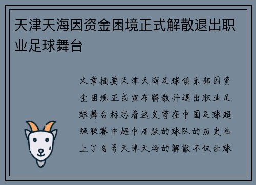 天津天海因资金困境正式解散退出职业足球舞台 天津天海因资金困境正式解散退出职业足球舞台